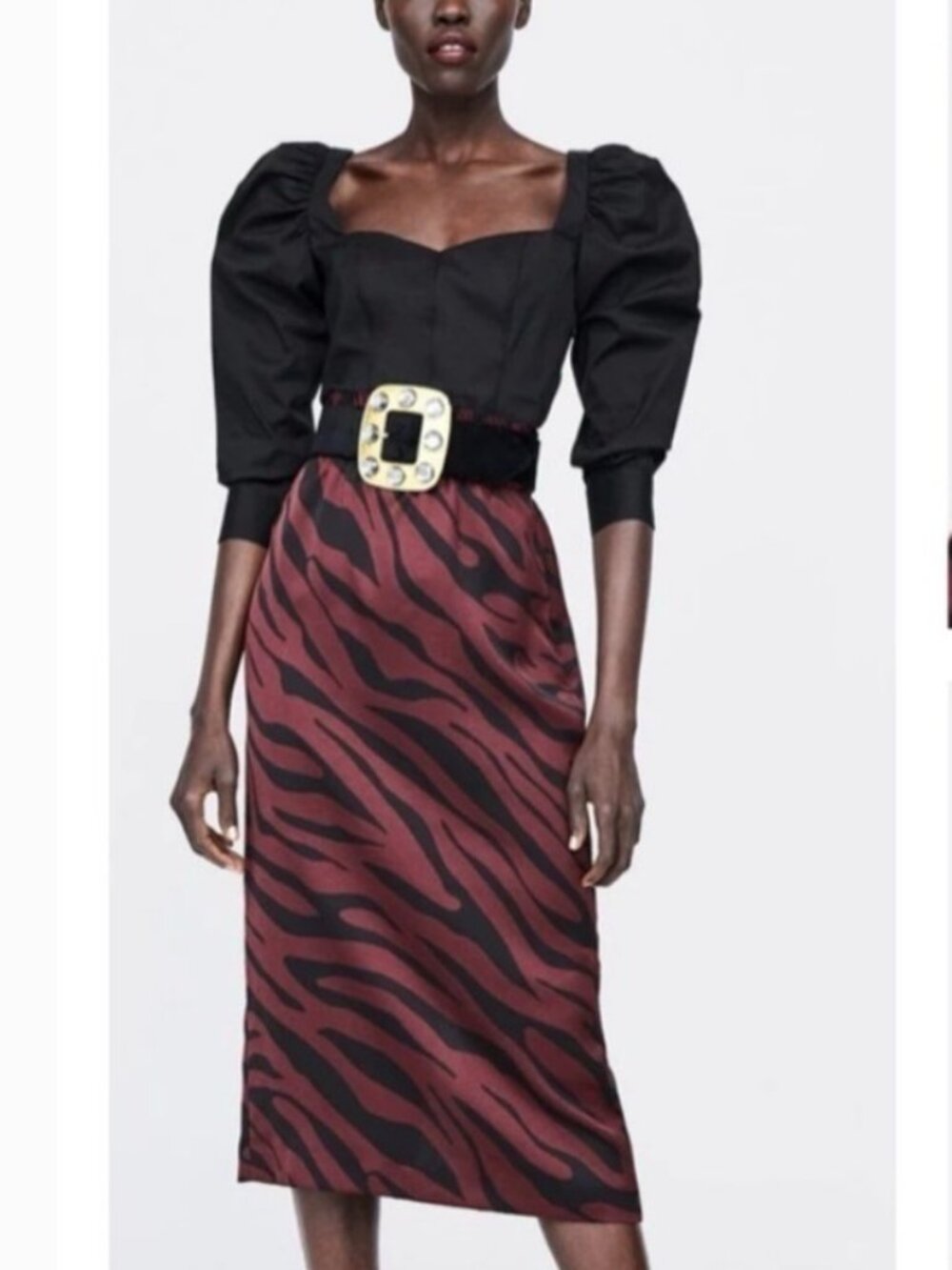 Zara Burgundy/Black Animal Print Midi Skirt Size XS